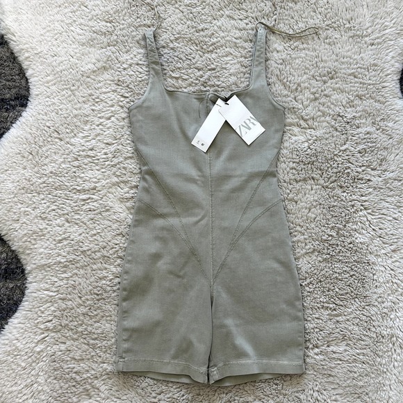 *NWT* Zara Light Green Bodying BodySuit Shorts Romper Square Neckline Women Sz S - Picture 2 of 11